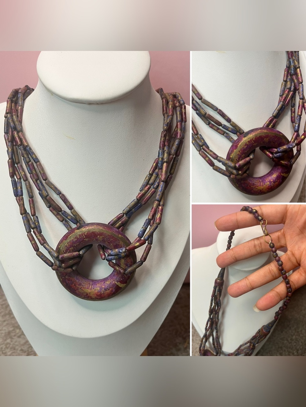 Multi-Strand Purple Beaded Statement Necklace with Circular Pendant